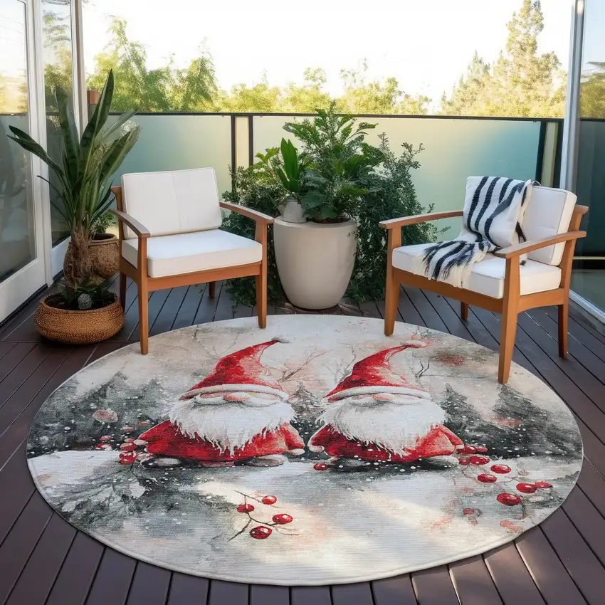 8' Ivory Red And Gray Round Botanical Leaves Washable Indoor Outdoor Area Rug Photo 5