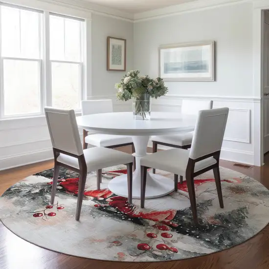 8' Ivory Red And Gray Round Botanical Leaves Washable Indoor Outdoor Area Rug Photo 6