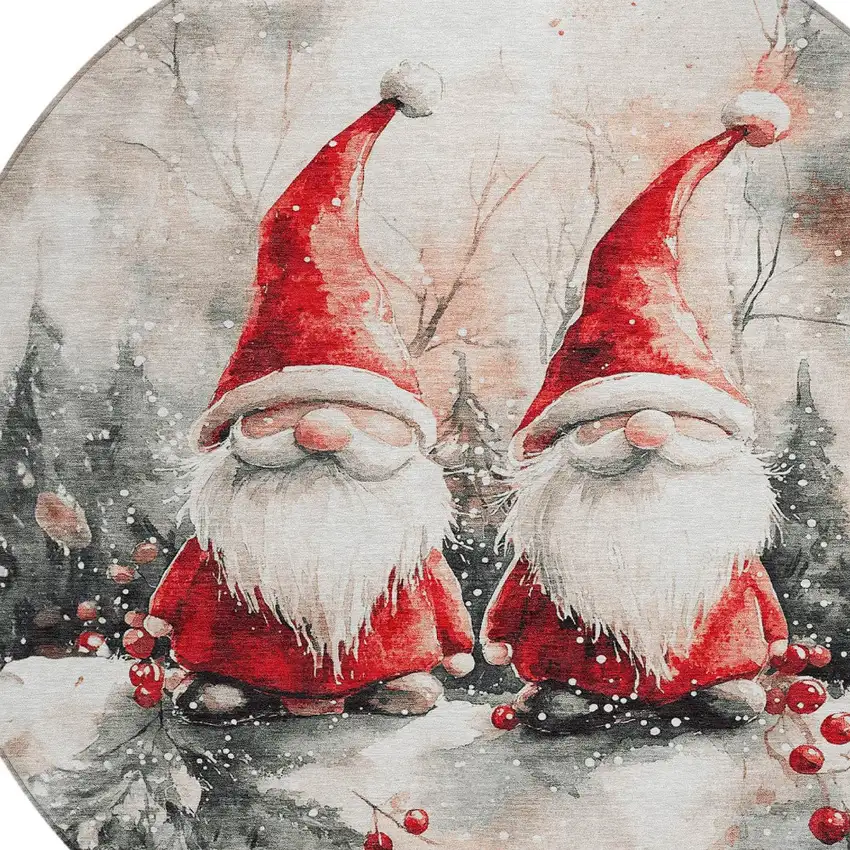 8' Ivory Red And Gray Round Botanical Leaves Washable Indoor Outdoor Area Rug Photo 9