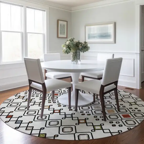8' Ivory Red And Gray Round Geometric Washable Indoor Outdoor Area Rug Photo 8