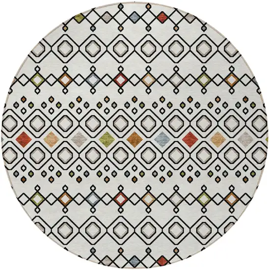 8' Ivory Red And Gray Round Geometric Washable Indoor Outdoor Area Rug Photo 6