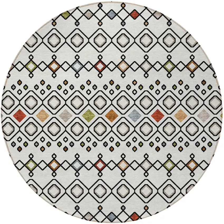 8' Ivory Red And Gray Round Geometric Washable Indoor Outdoor Area Rug Photo 6