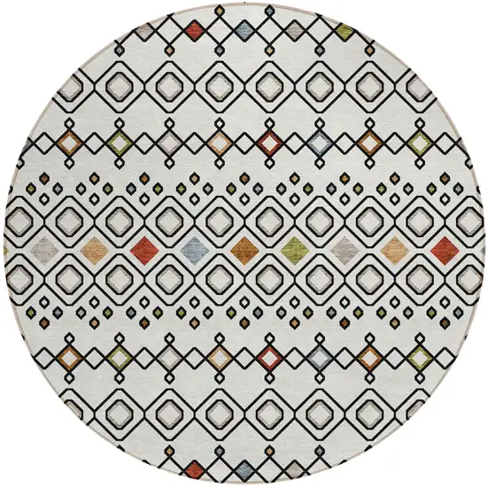 8' Ivory Red And Gray Round Geometric Washable Indoor Outdoor Area Rug Photo 2