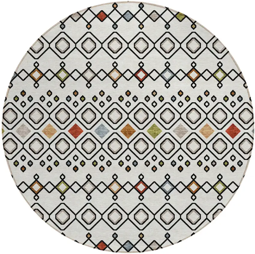 8' Ivory Red And Gray Round Geometric Washable Indoor Outdoor Area Rug Photo 2