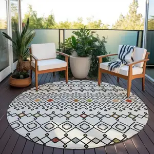 Photo of 8' Ivory Red And Gray Round Geometric Washable Indoor Outdoor Area Rug