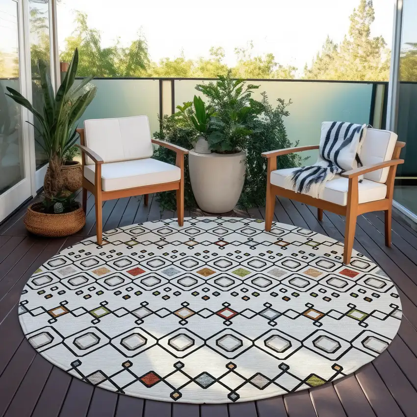 8' Ivory Red And Gray Round Geometric Washable Indoor Outdoor Area Rug Photo 7