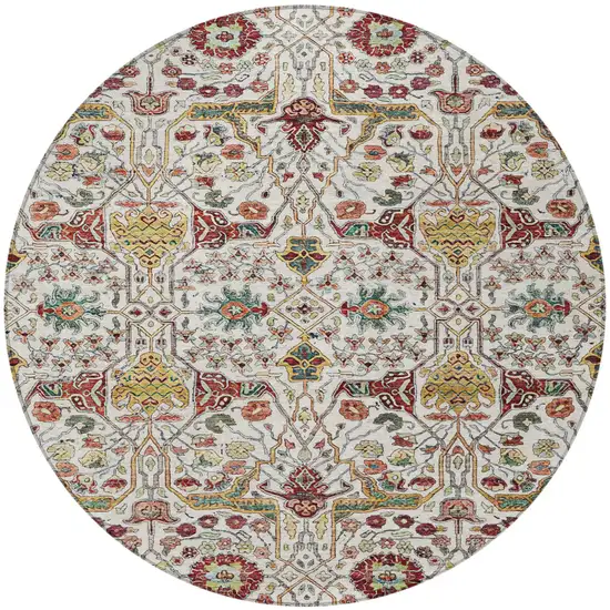 8' Ivory Red And Green Round Floral Washable Indoor Outdoor Area Rug Photo 6