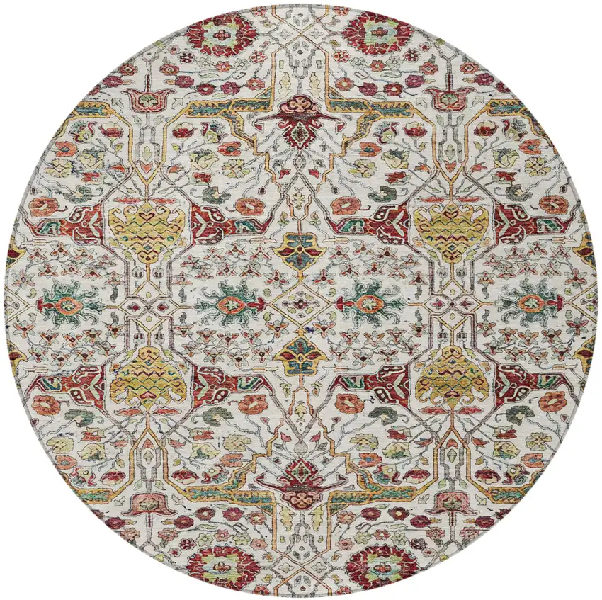 8' Ivory Red And Green Round Floral Washable Indoor Outdoor Area Rug Photo 6