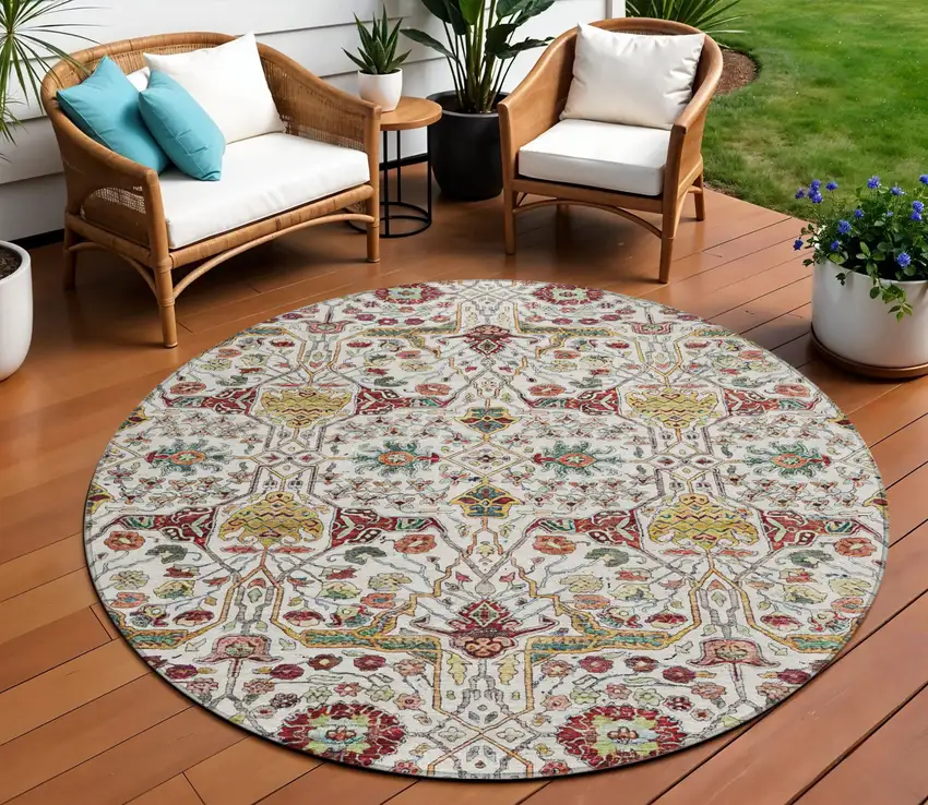 8' Ivory Red And Green Round Floral Washable Indoor Outdoor Area Rug Photo 1