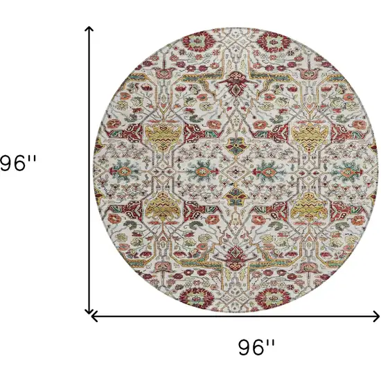 8' Ivory Red And Green Round Floral Washable Indoor Outdoor Area Rug Photo 9
