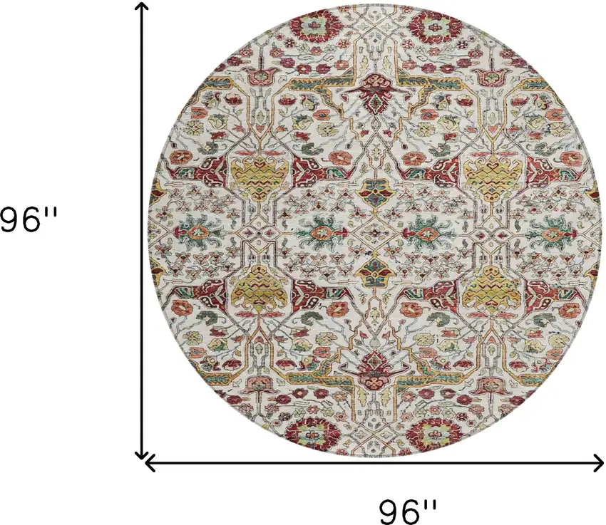 8' Ivory Red And Green Round Floral Washable Indoor Outdoor Area Rug Photo 9