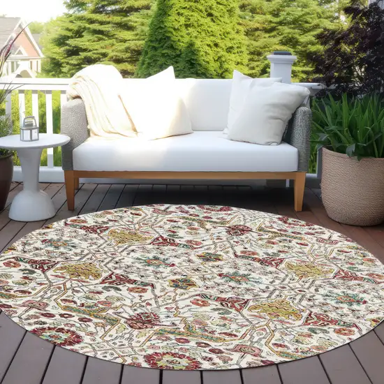 8' Ivory Red And Green Round Floral Washable Indoor Outdoor Area Rug Photo 7