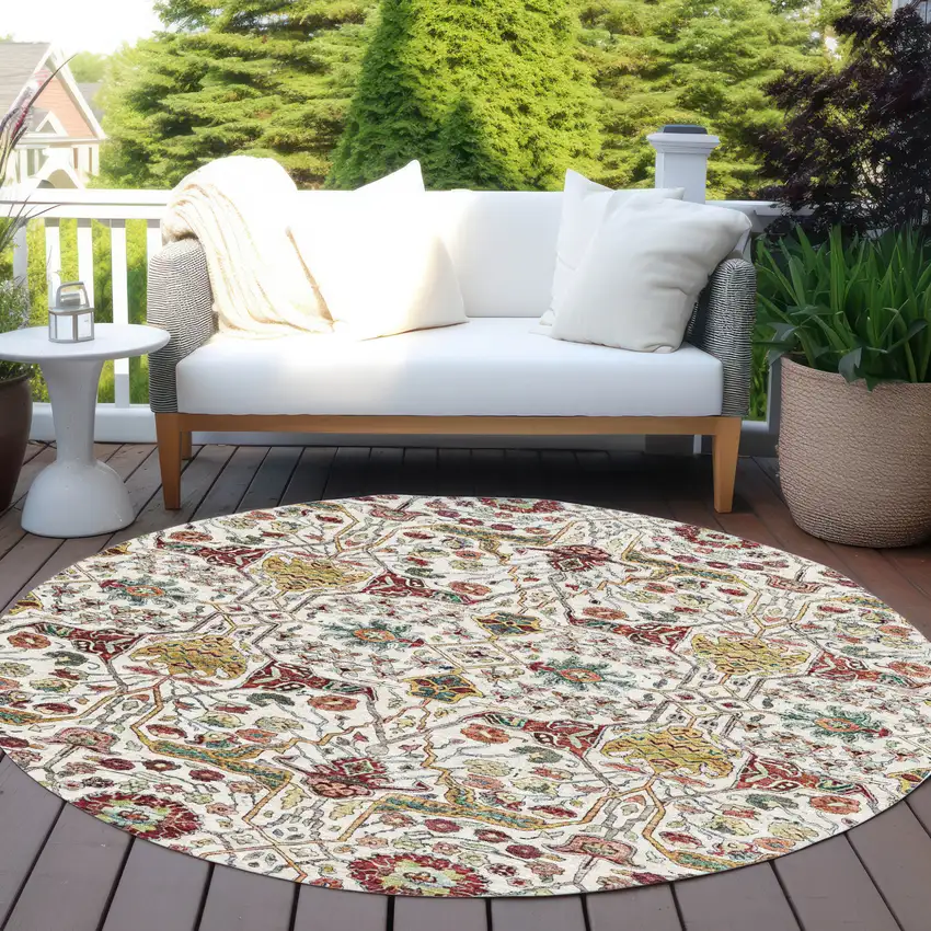 8' Ivory Red And Green Round Floral Washable Indoor Outdoor Area Rug Photo 7