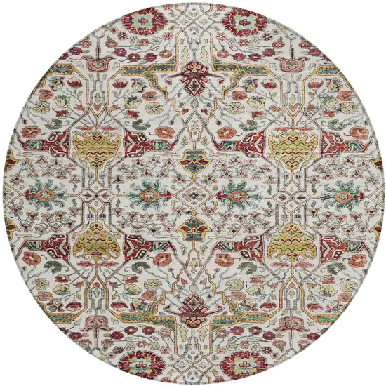 8' Ivory Red And Green Round Floral Washable Indoor Outdoor Area Rug Photo 2