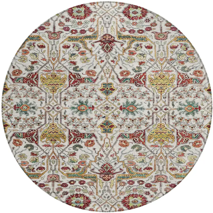 8' Ivory Red And Green Round Floral Washable Indoor Outdoor Area Rug Photo 2