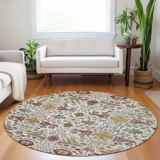 8' Ivory Red And Green Round Floral Washable Indoor Outdoor Area Rug Photo 8