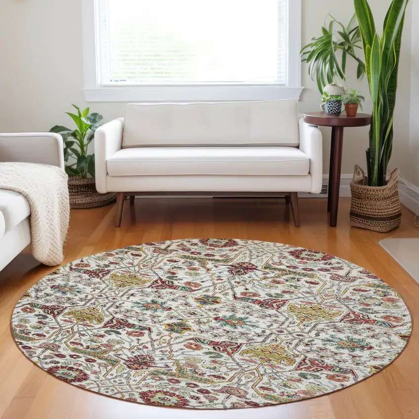 8' Ivory Red And Green Round Floral Washable Indoor Outdoor Area Rug Photo 8