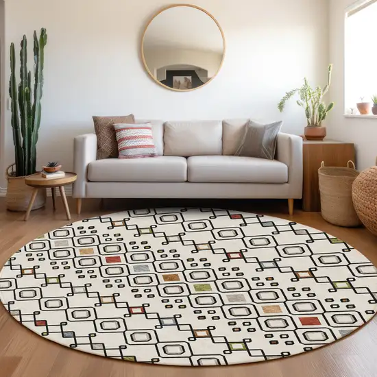 8' Ivory Red And Green Southwestern Washable Round Rug With UV Protection Photo 4