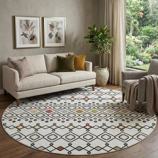 8' Ivory Red And Green Southwestern Washable Round Rug With UV Protection Photo 1