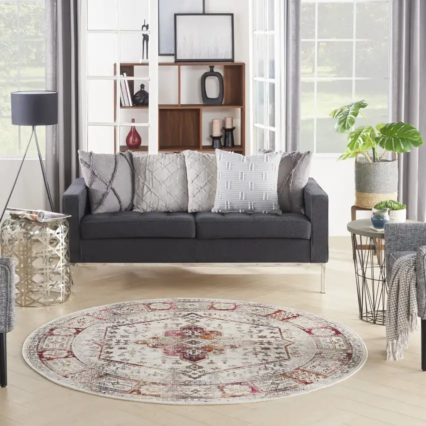 6' Ivory Red And Orange Floral Distressed Round Rug Photo 7