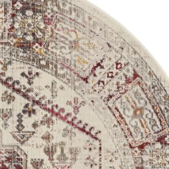 6' Ivory Red And Orange Floral Distressed Round Rug Photo 4
