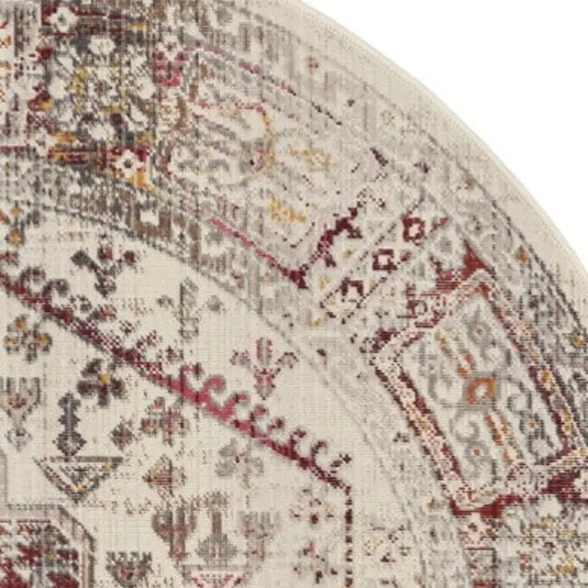 6' Ivory Red And Orange Floral Distressed Round Rug Photo 4
