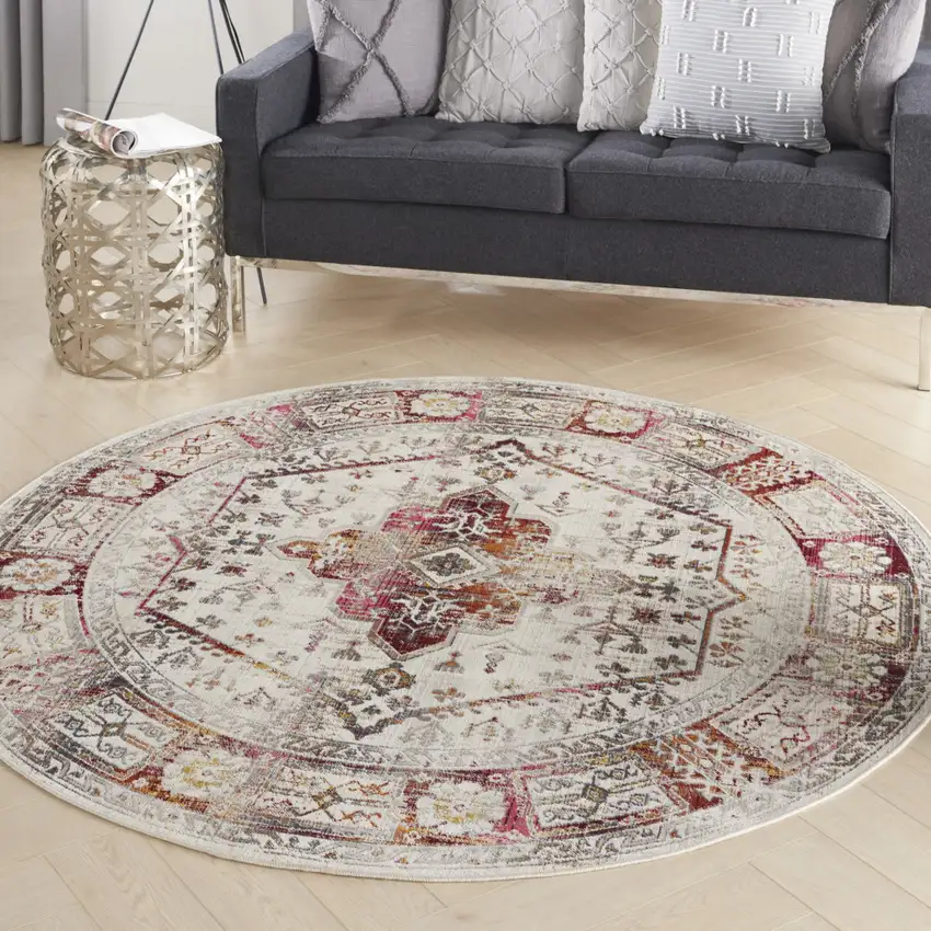 6' Ivory Red And Orange Floral Distressed Round Rug Photo 5