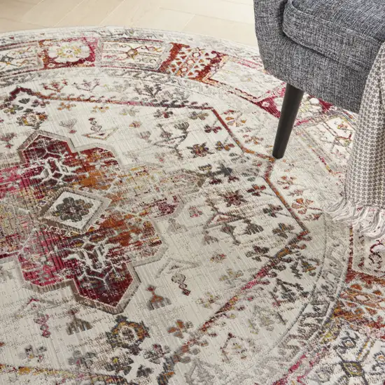 6' Ivory Red And Orange Floral Distressed Round Rug Photo 6