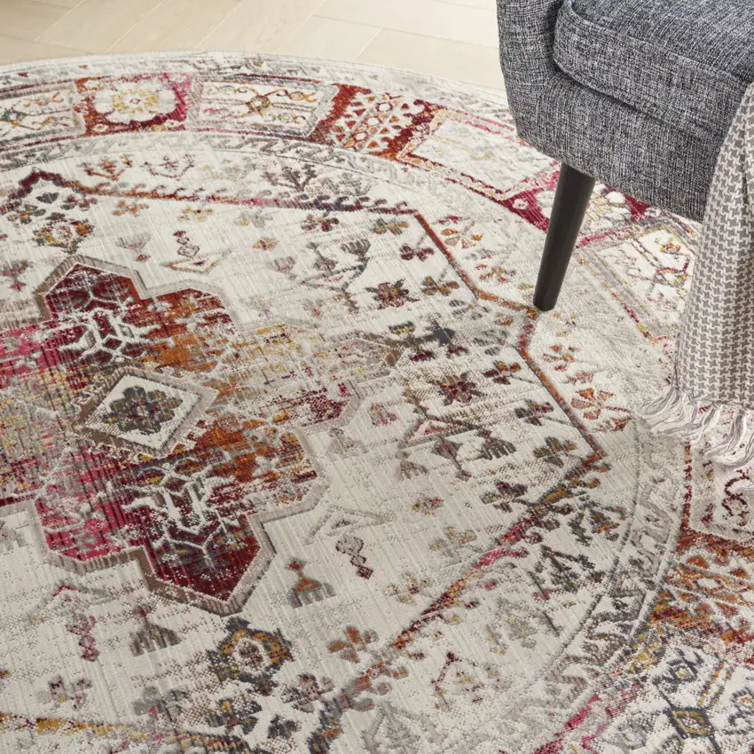 6' Ivory Red And Orange Floral Distressed Round Rug Photo 6