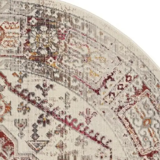 6' Ivory Red And Orange Floral Distressed Round Rug Photo 8