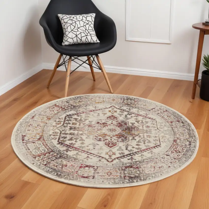 6' Ivory Red And Orange Floral Distressed Round Rug Photo 1