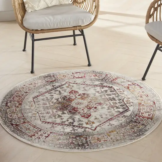4' Ivory Red And Orange Floral Distressed Round Rug Photo 5