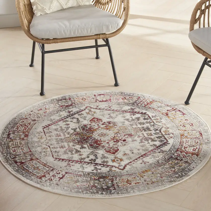 4' Ivory Red And Orange Floral Distressed Round Rug Photo 5