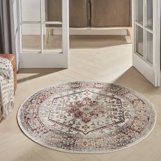 4' Ivory Red And Orange Floral Distressed Round Rug Photo 6