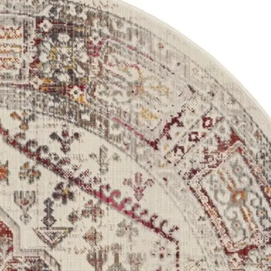 4' Ivory Red And Orange Floral Distressed Round Rug Photo 7