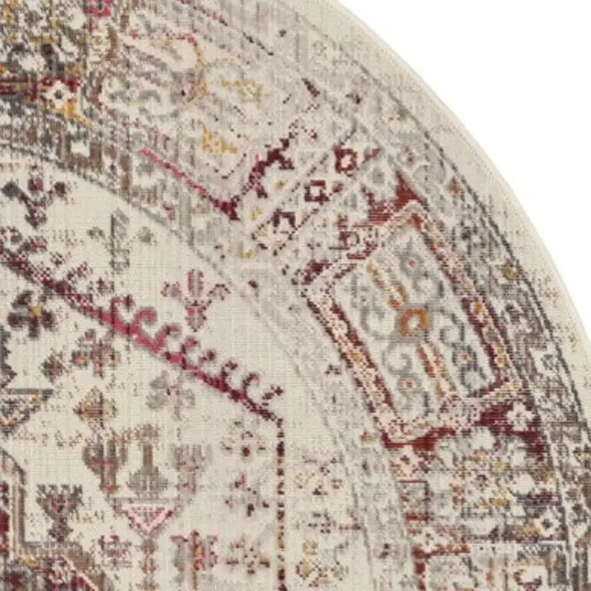 4' Ivory Red And Orange Floral Distressed Round Rug Photo 3