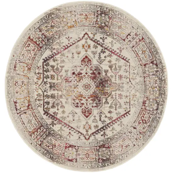 4' Ivory Red And Orange Floral Distressed Round Rug Photo 4