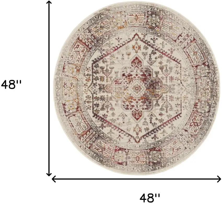4' Ivory Red And Orange Floral Distressed Round Rug Photo 3