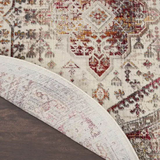 4' Ivory Red And Orange Floral Distressed Round Rug Photo 5