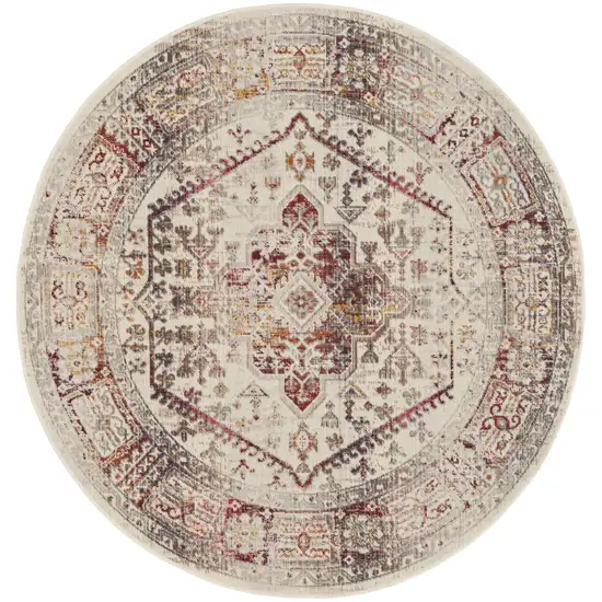 4' Ivory Red And Orange Floral Distressed Round Rug Photo 2