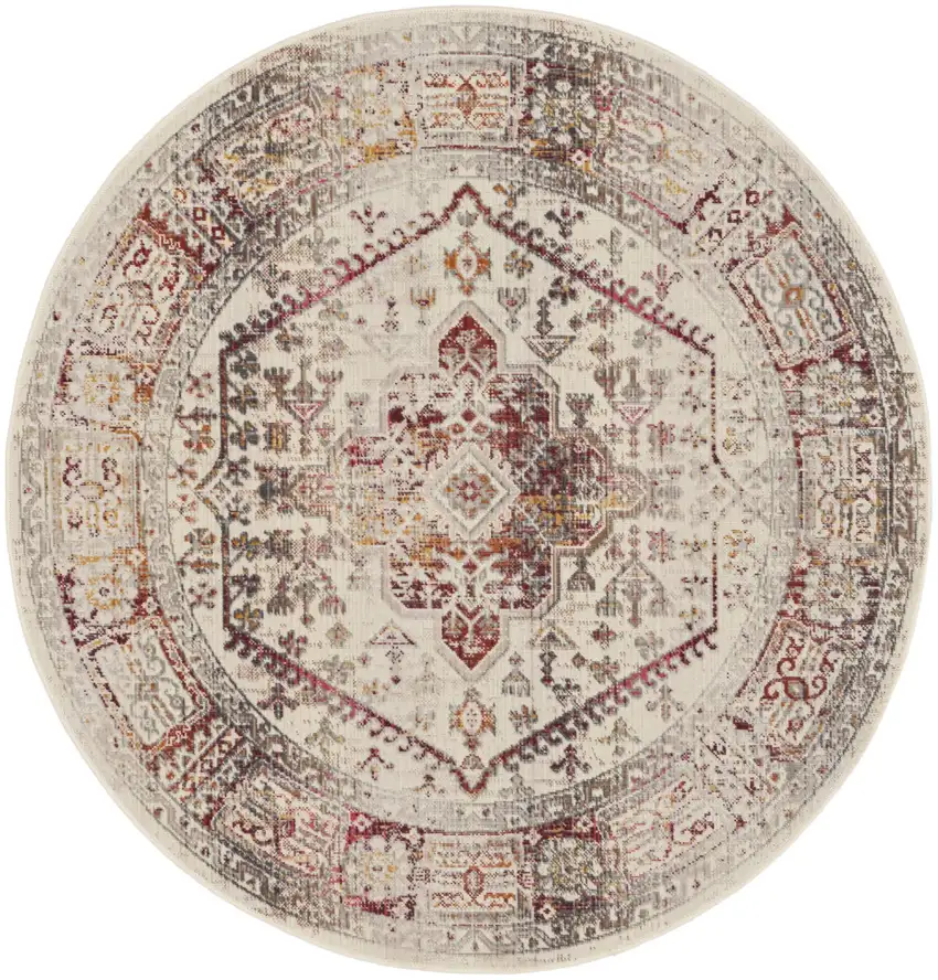 4' Ivory Red And Orange Floral Distressed Round Rug Photo 2