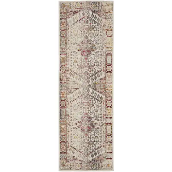 8' Ivory Red And Orange Floral Distressed Runner Rug Photo 9