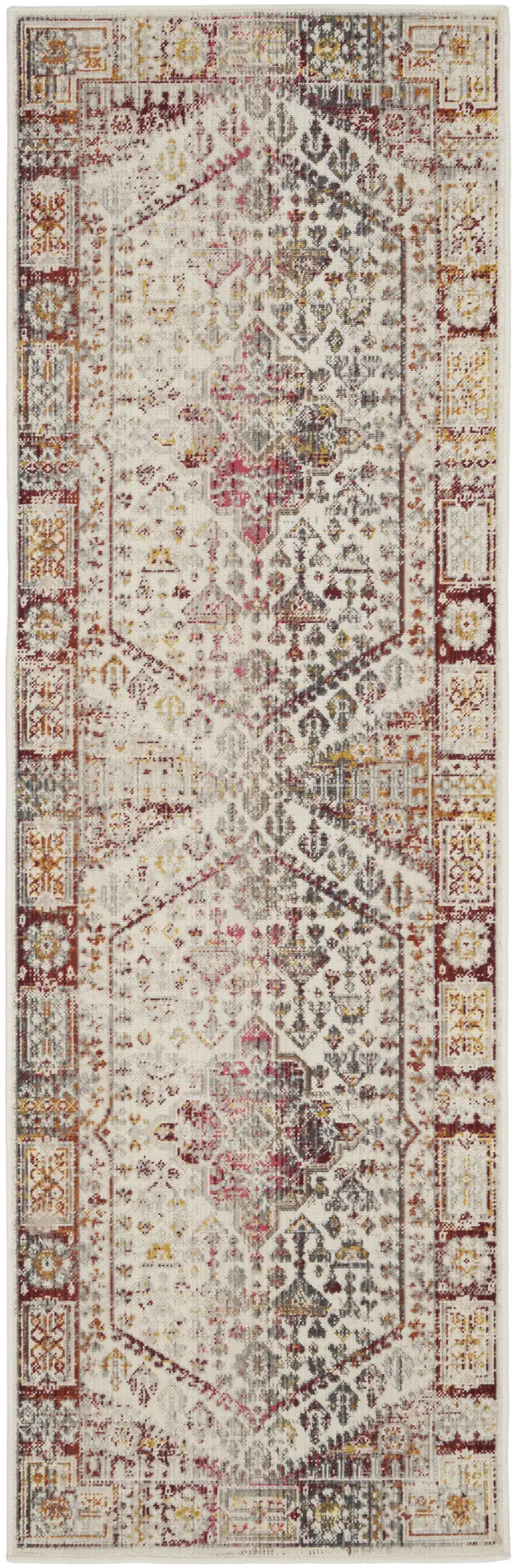 8' Ivory Red And Orange Floral Distressed Runner Rug Photo 9