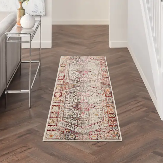 8' Ivory Red And Orange Floral Distressed Runner Rug Photo 5