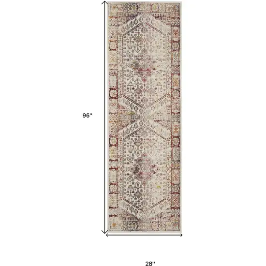 8' Ivory Red And Orange Floral Distressed Runner Rug Photo 3