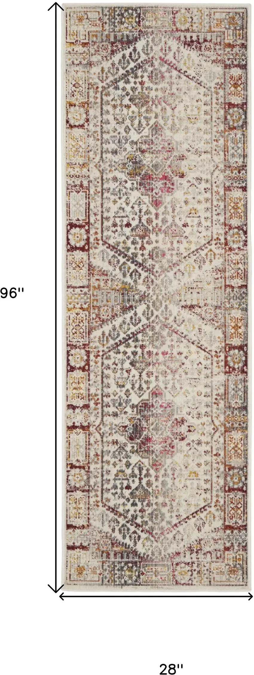 8' Ivory Red And Orange Floral Distressed Runner Rug Photo 3