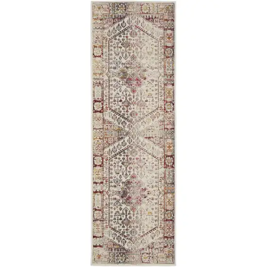 8' Ivory Red And Orange Floral Distressed Runner Rug Photo 2