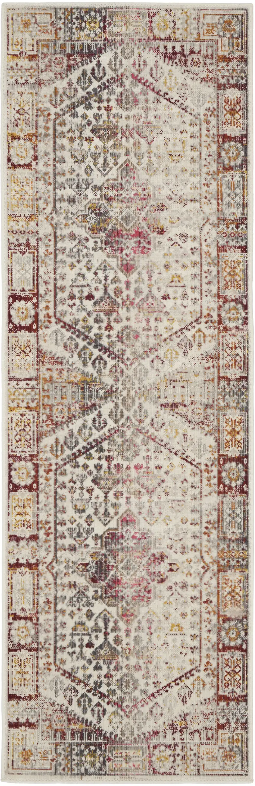 8' Ivory Red And Orange Floral Distressed Runner Rug Photo 2