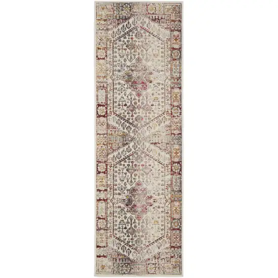 8' Ivory Red And Orange Floral Distressed Runner Rug Photo 1