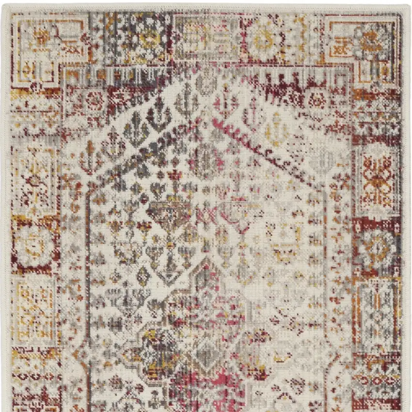 8' Ivory Red And Orange Floral Distressed Runner Rug Photo 8